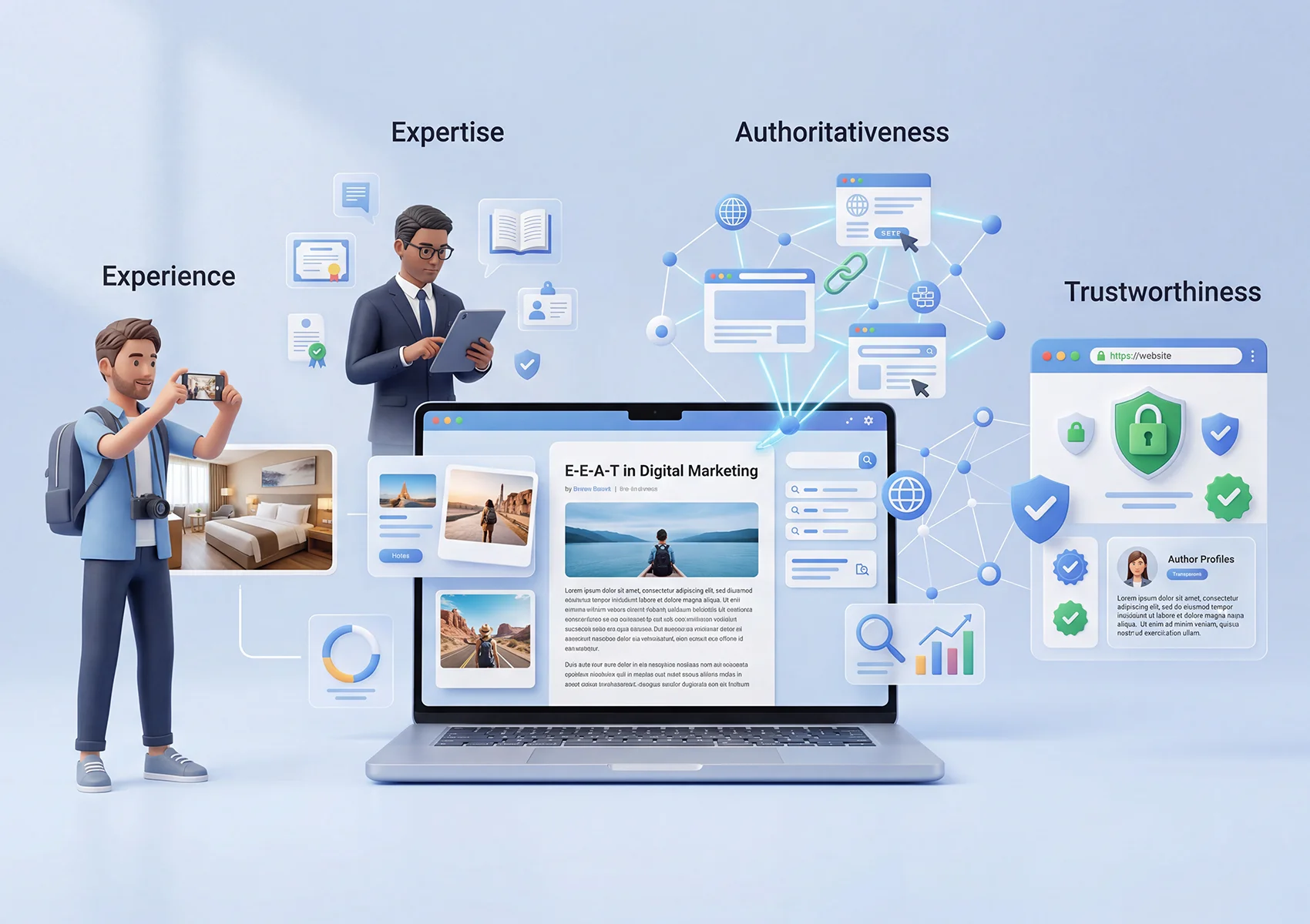 Illustration explaining E-E-A-T in content writing with experience, expertise, authoritativeness, and trustworthiness concepts displayed around a digital marketing website.