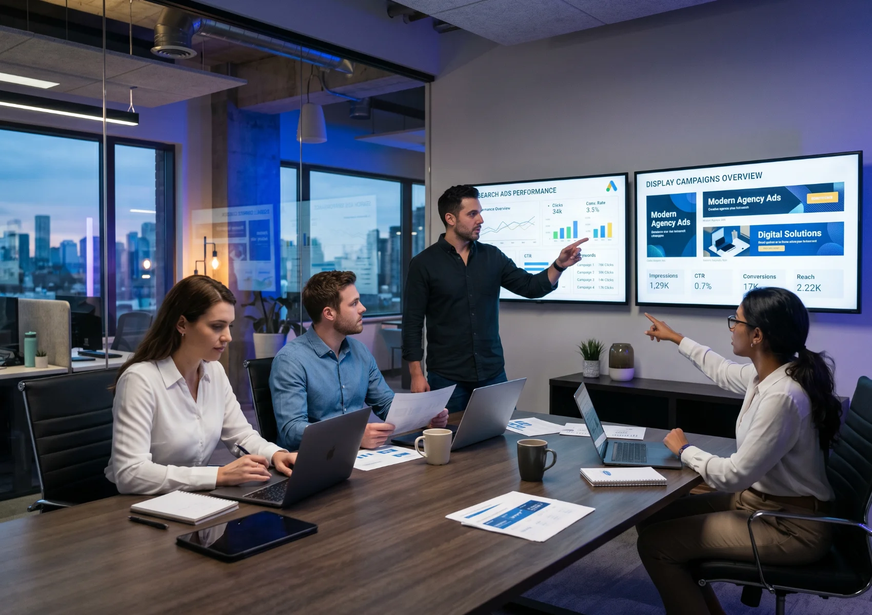 Marketing team reviewing search ads vs display ads campaign performance during a digital advertising strategy meeting