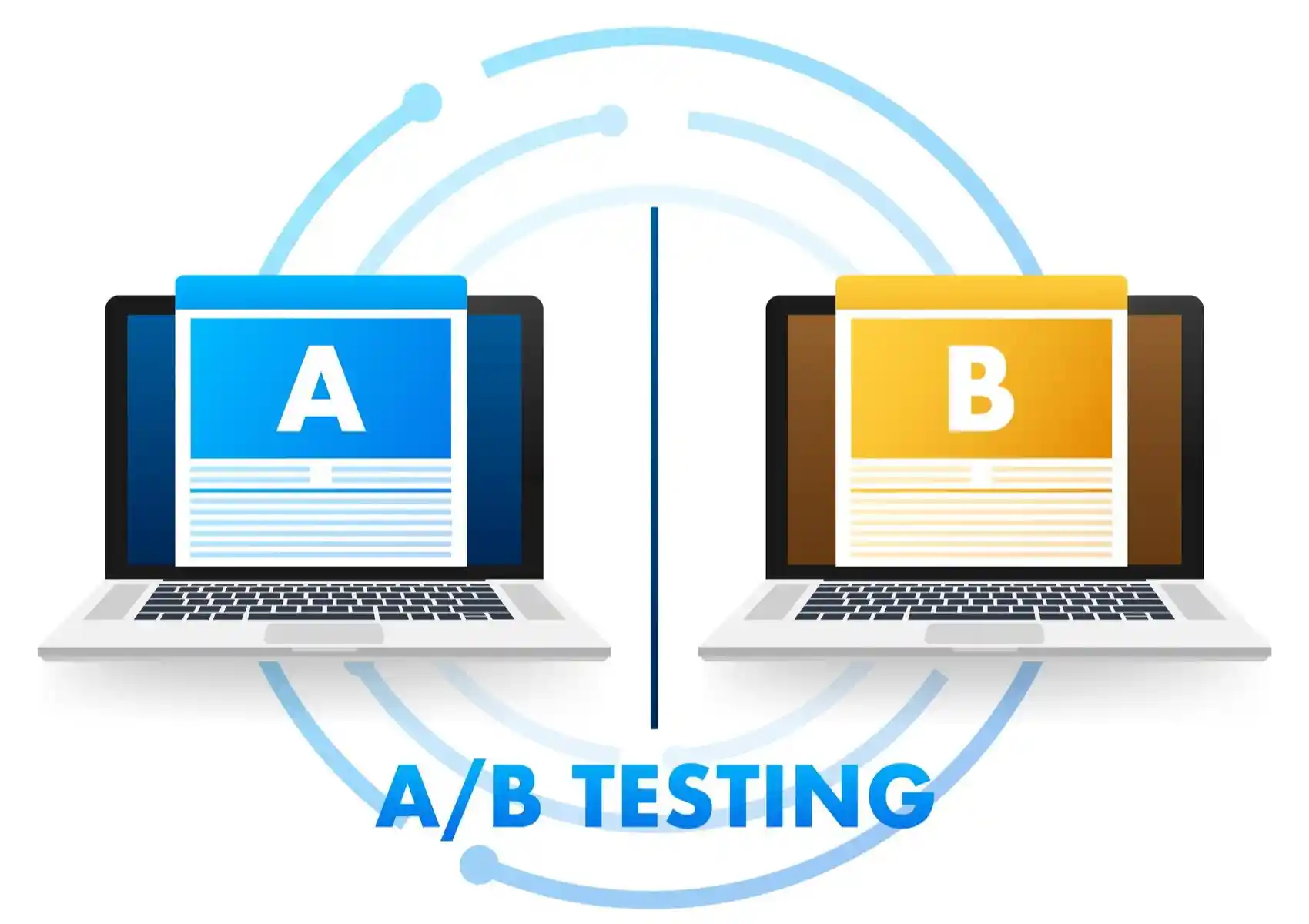 Two laptops side-by-side displaying variation A in blue and variation B in yellow, connected by a circular graphic representing the process of A/B testing for search ads
