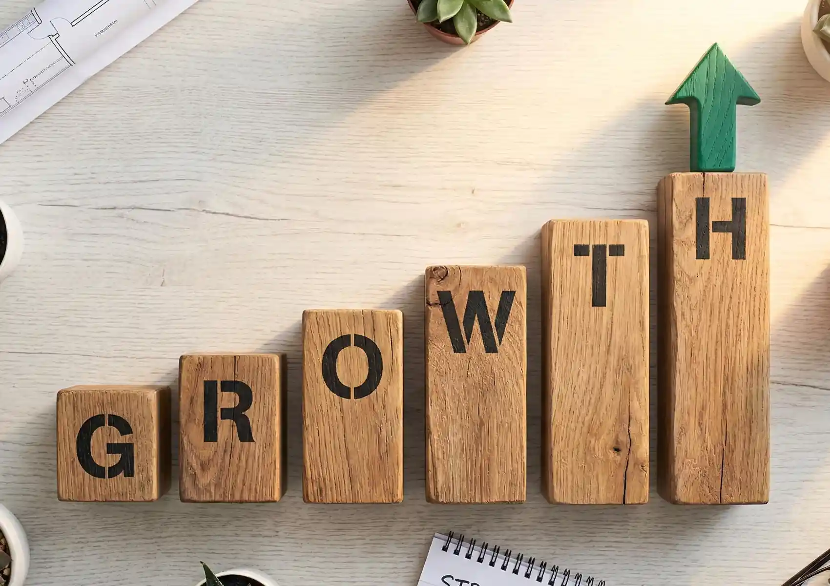 Wooden blocks spelling GROWTH arranged as an ascending staircase with a green upward arrow, representing the long-term digital asset development often evaluated in SEO vs SEM strategies.