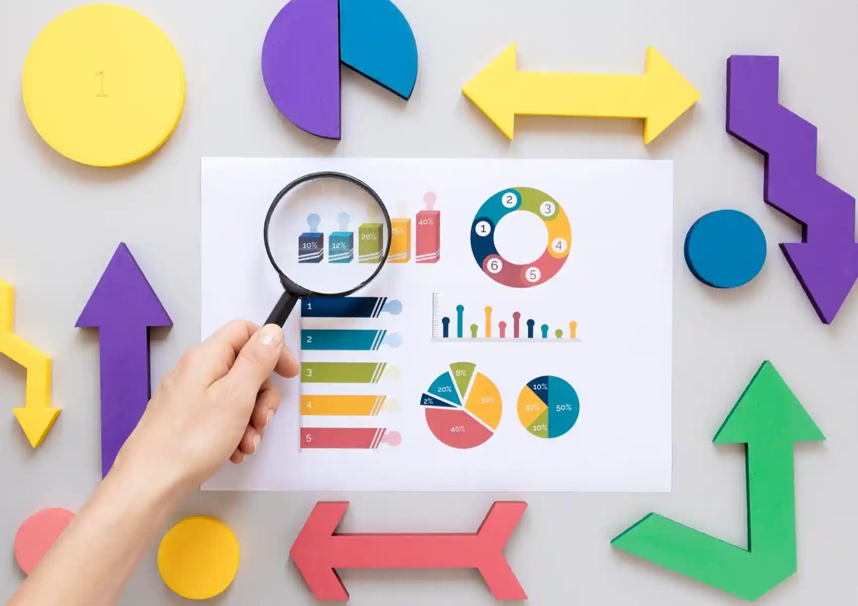 A hand holding a magnifying glass over colorful data charts and graphs surrounded by wooden shapes, illustrating performance measurement for a social media strategy for luxury brands.