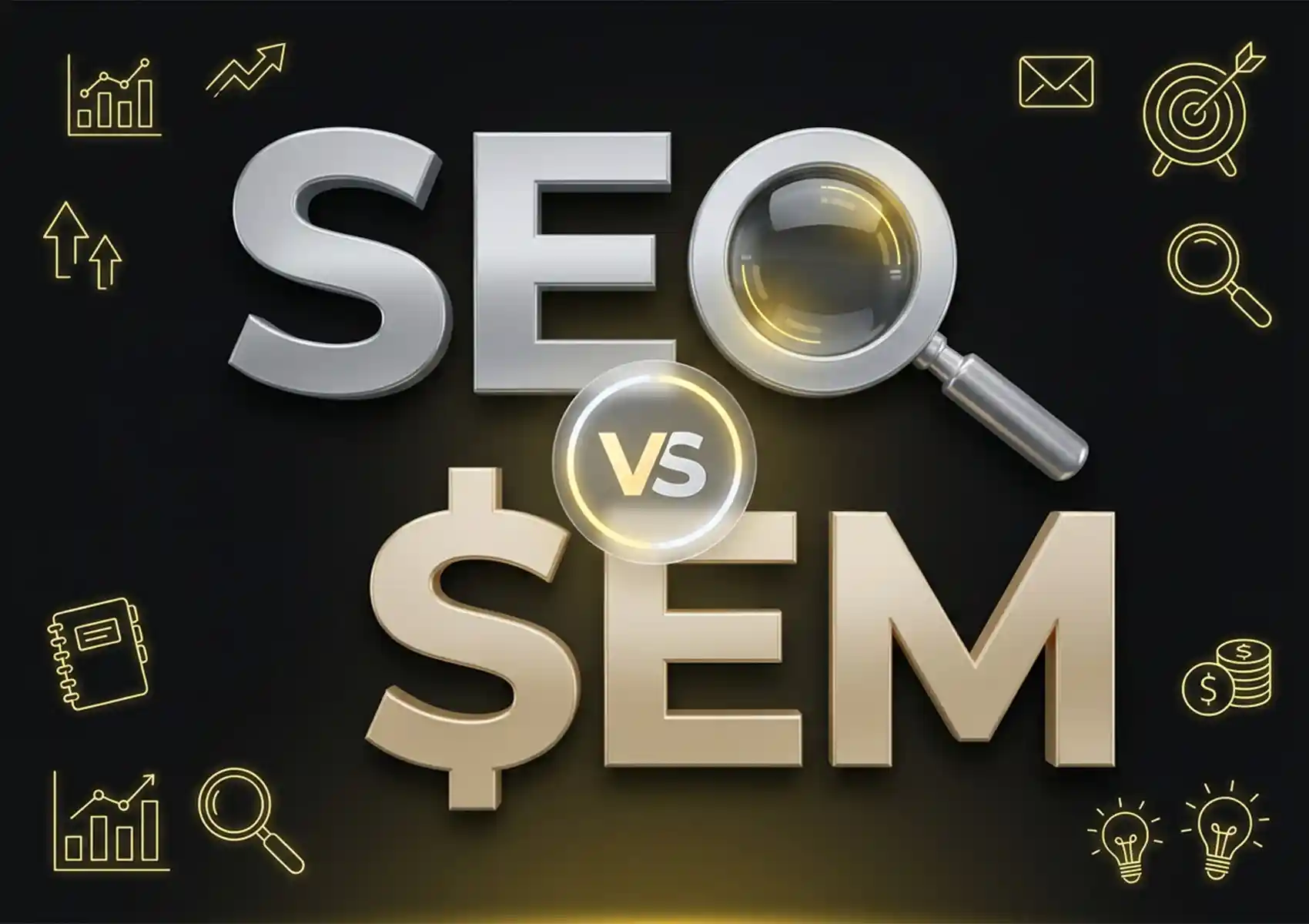3D typography illustrating SEO vs SEM, featuring a magnifying glass for search engine optimization and a dollar sign for search engine marketing, surrounded by neon digital marketing icons.