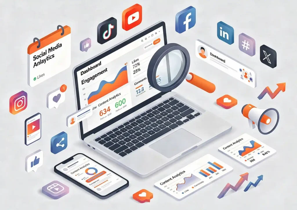 Isometric 3D illustration of a laptop displaying an engagement dashboard surrounded by network icons and analytics charts, representing a comprehensive social media strategy for luxury brands.
