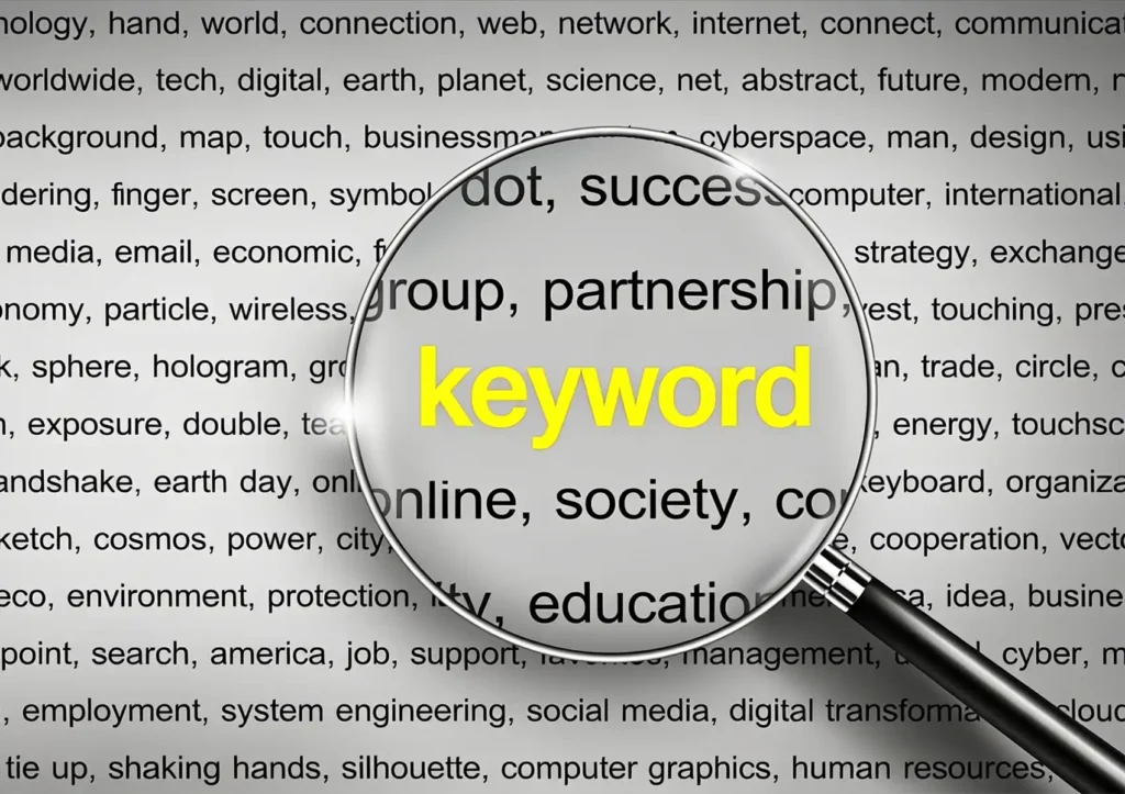 A magnifying glass highlighting the word "keyword" among a dense, repetitive background of various words, visually representing the concept of keyword stuffing in SEO.