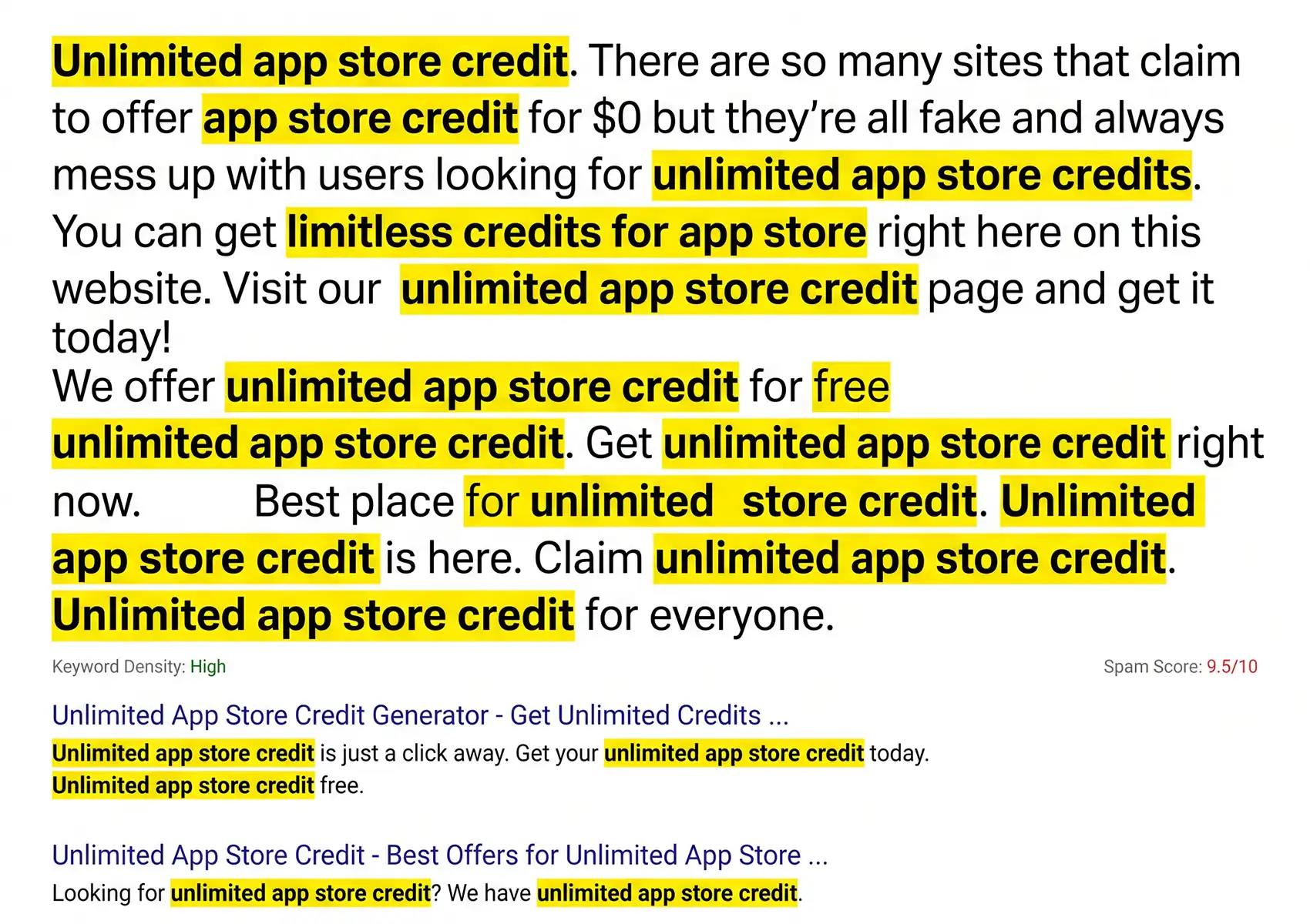 A block of text and search results demonstrating keyword stuffing in SEO by excessively repeating the highlighted phrase "unlimited app store credit," which results in a high spam score.