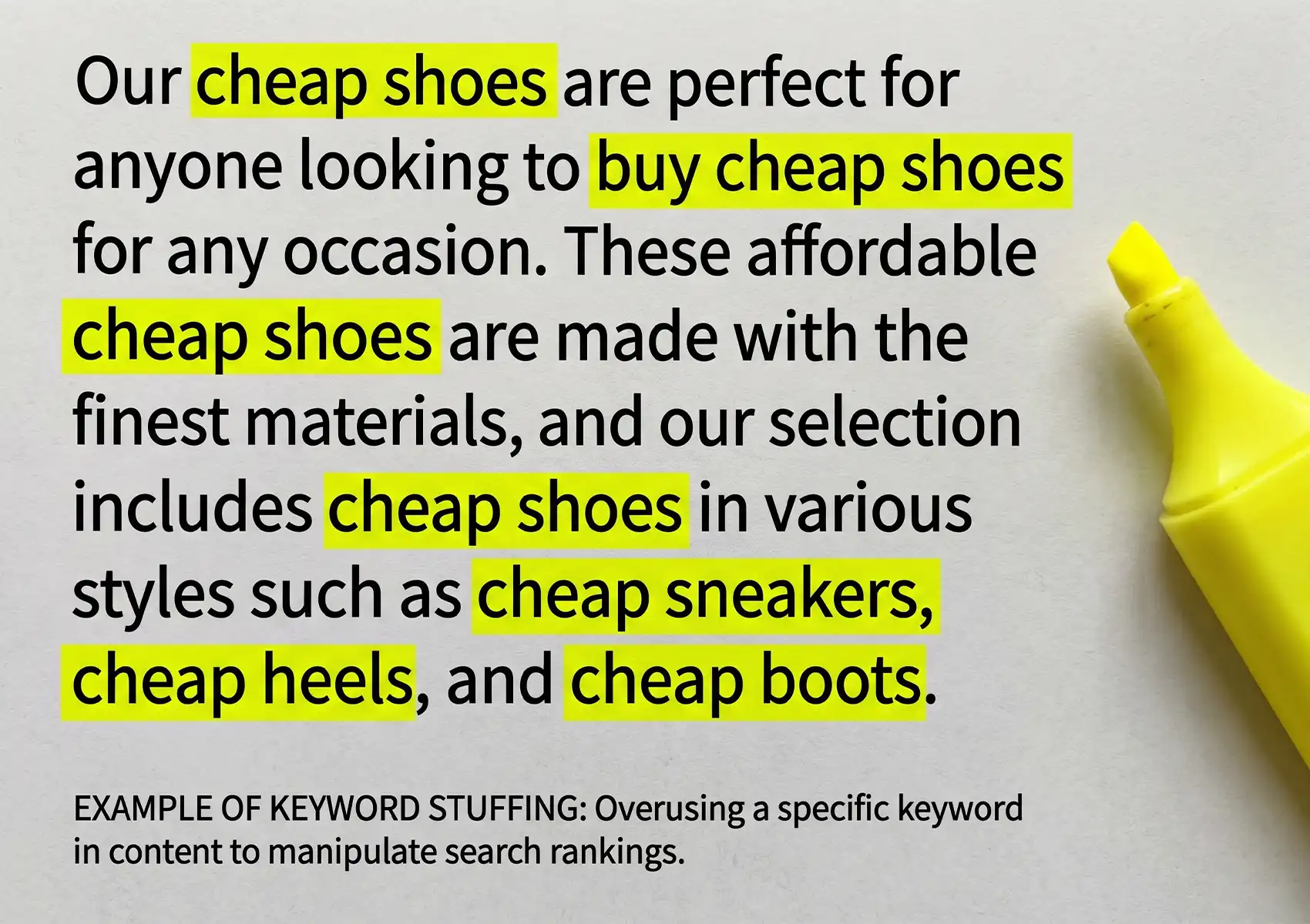 A highlighted text snippet heavily repeating the phrase "cheap shoes," serving as a clear example of keyword stuffing in SEO used to manipulate search rankings.