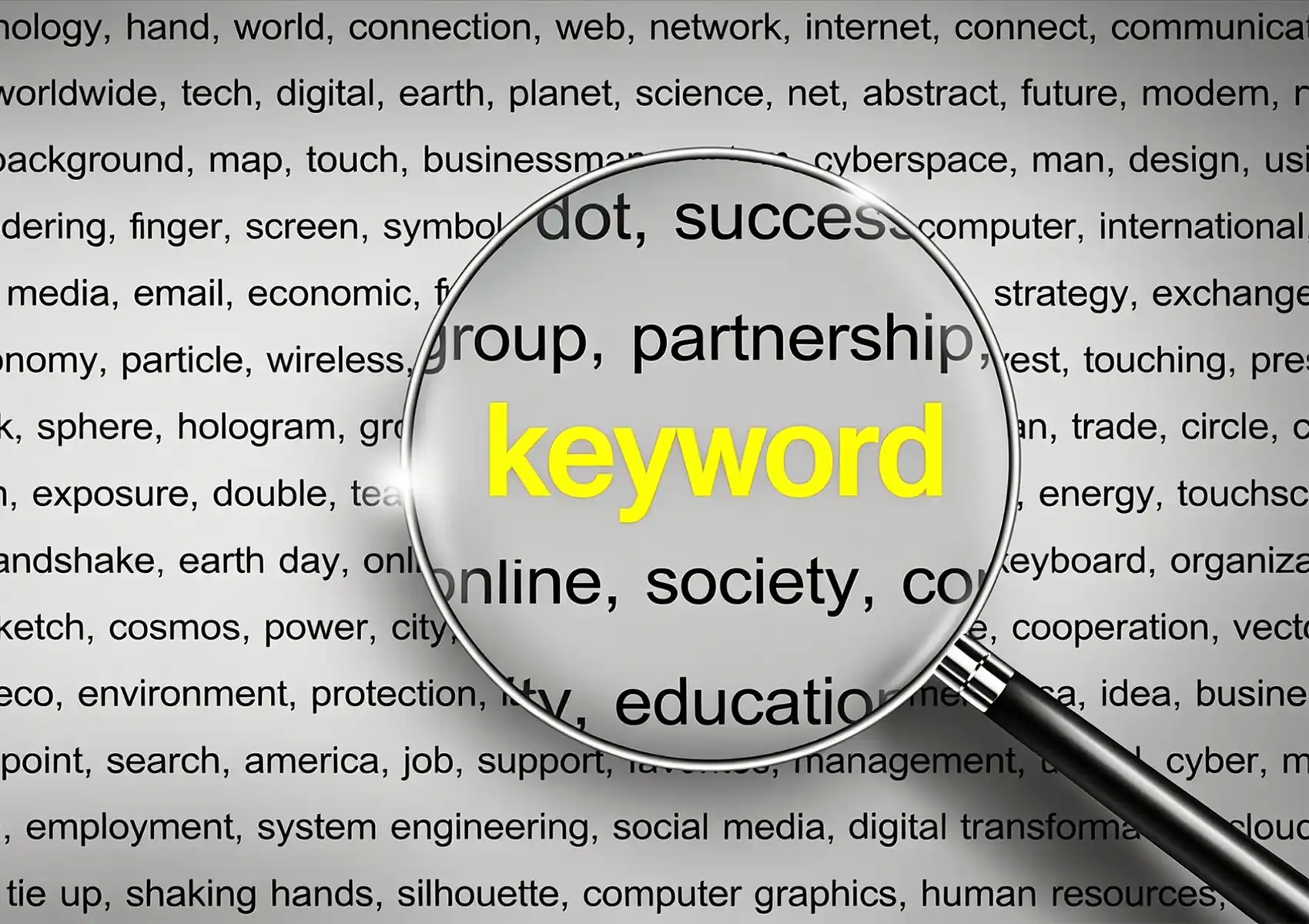 A magnifying glass highlighting the word "keyword" among a dense, repetitive background of various words, visually representing the concept of keyword stuffing in SEO.