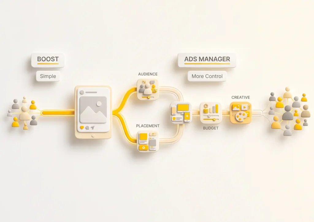 A 3D flowchart illustrating the key differences in boosted posts vs ads, contrasting a simple post boost against Ads Manager's detailed controls for audience, placement, budget, and creative.