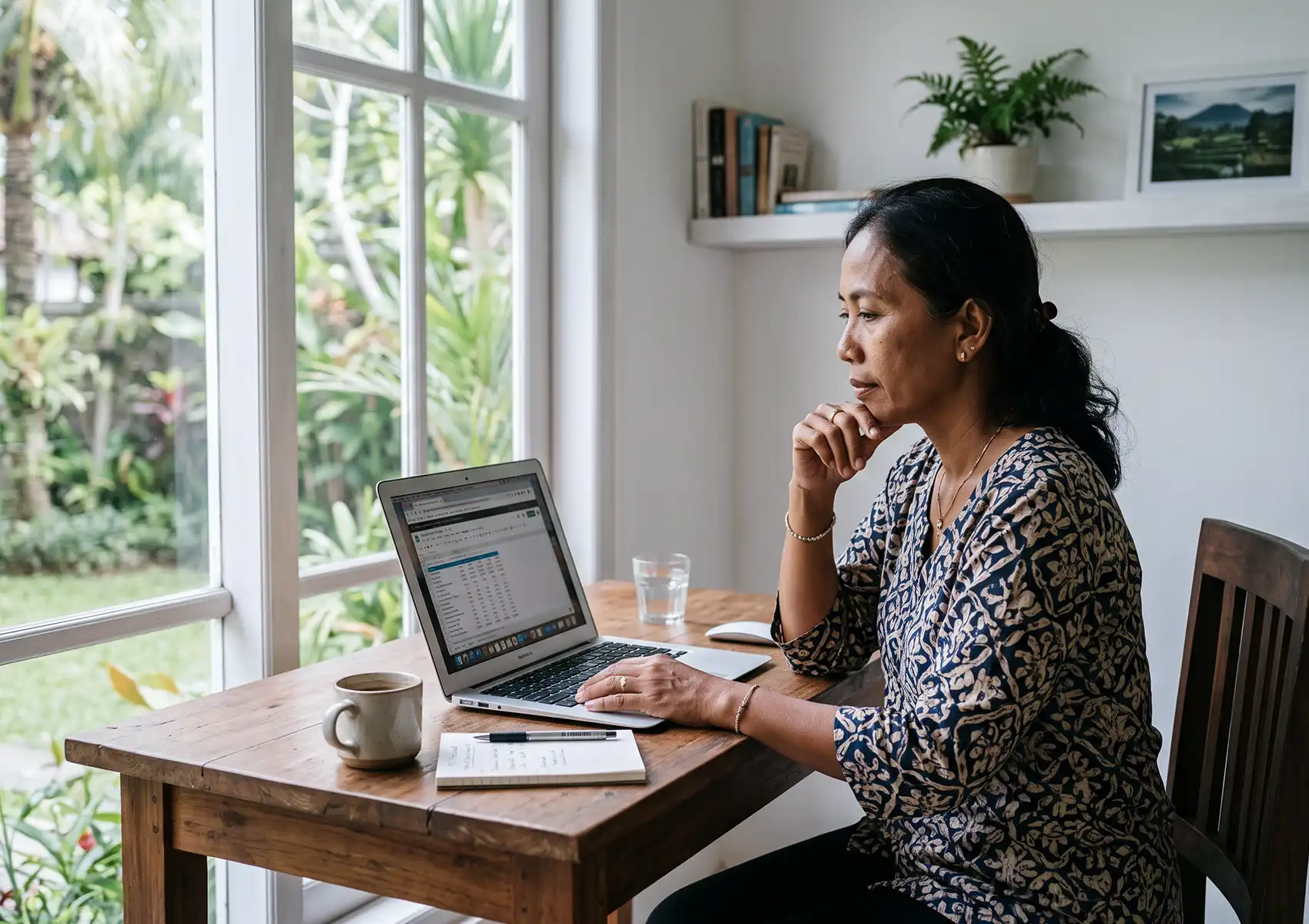 A woman sitting thoughtfully at a wooden desk by a window while reviewing spreadsheet data on her laptop, contemplating why hire a digital marketing agency to manage marketing performance.