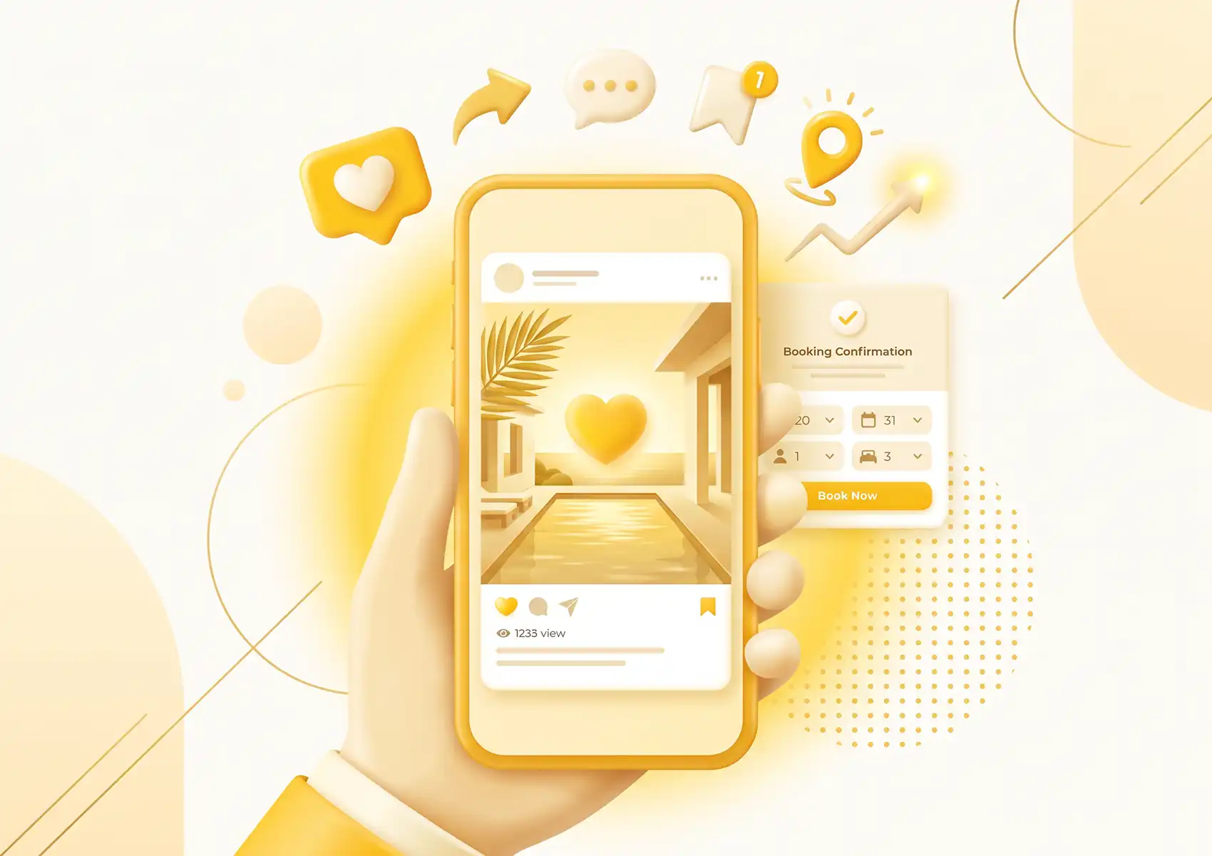 Smartphone user viewing a tropical villa post with engagement icons and a direct booking confirmation prompt for social media in marketing.