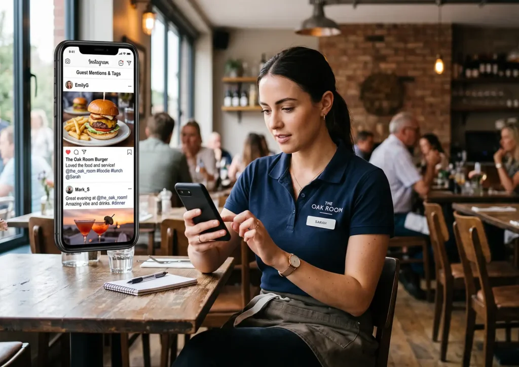 A restaurant staff member in uniform uses her smartphone, accompanied by an overlaid graphic showing guest Instagram tags and mentions, highlighting the role of user-generated content and social media in marketing for hospitality venues.