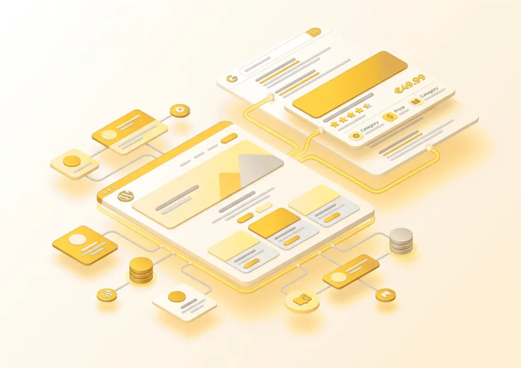 A 3D illustration demonstrating how schema markup connects elements of a web page to search engine rich snippets, showcasing technical SEO strategies implemented by a digital agency bali.