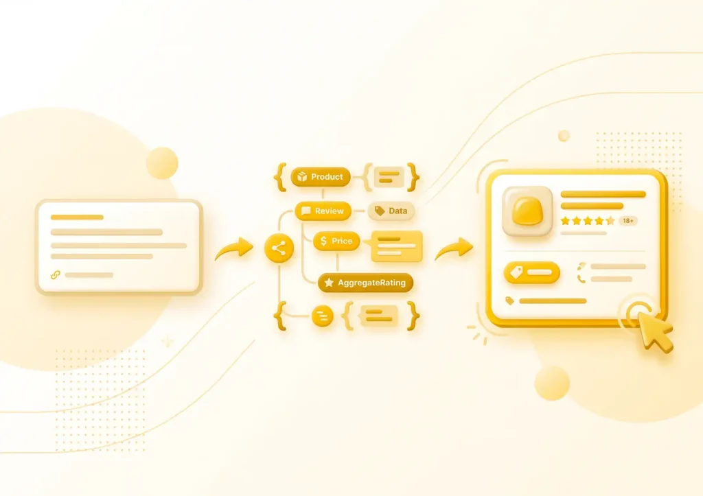 A 3D flowchart illustrating how standard web content is transformed through structured data (like Product, Review, Price) into an engaging rich snippet, a process managed by a digital agency bali.
