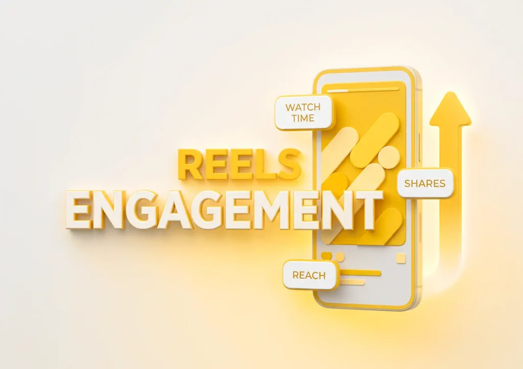 A 3D graphic displaying "REELS ENGAGEMENT" next to a smartphone, with floating labels for "WATCH TIME," "SHARES," and "REACH," illustrating strategies analyzed by a digital agency ba
