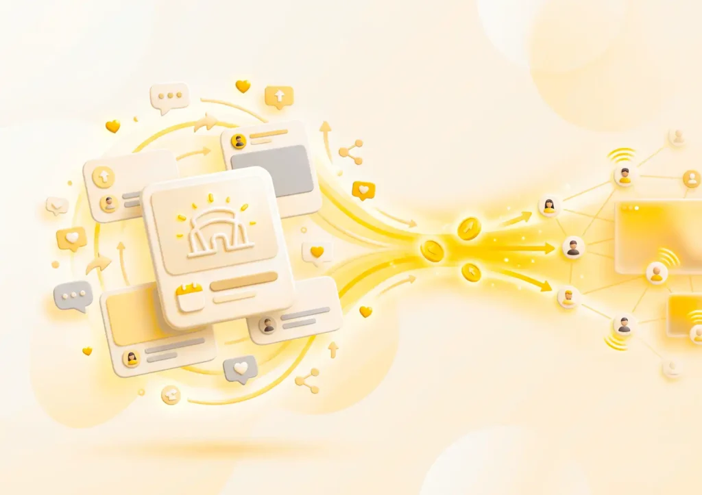 A 3D illustration showing social media event posts funneling into coins and branching out to a wide network of user icons, demonstrating promotion strategies executed by a digital agency bali.