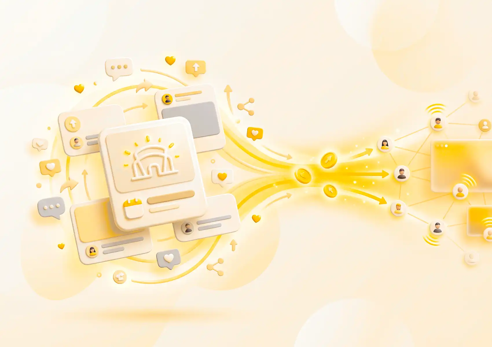 A 3D illustration showing social media event posts funneling into coins and branching out to a wide network of user icons, demonstrating promotion strategies executed by a digital agency bali.