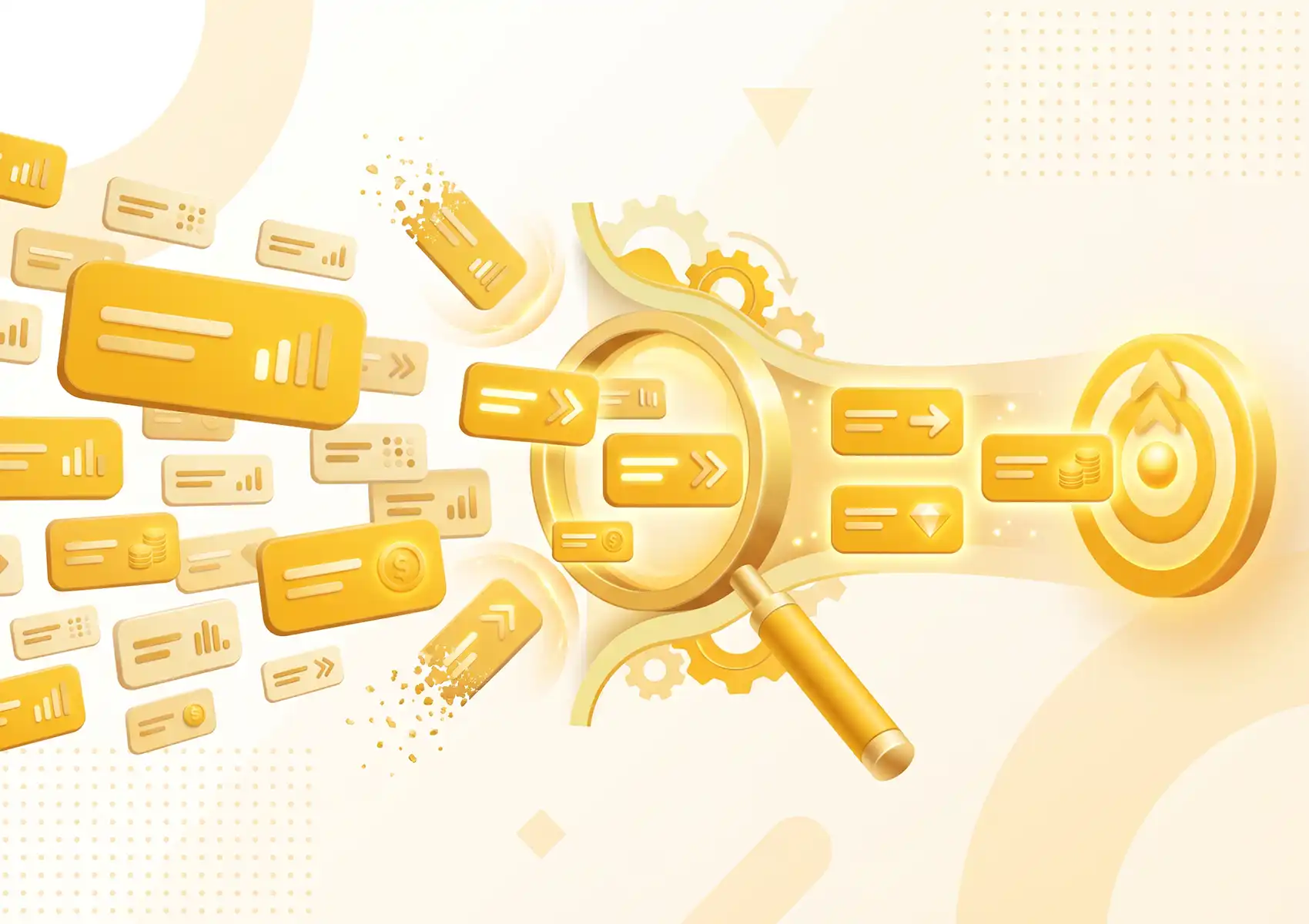 A 3D funnel showing multiple keyword blocks being filtered through a magnifying glass into high-value target keywords, illustrating the selection process used by a digital agency bali.