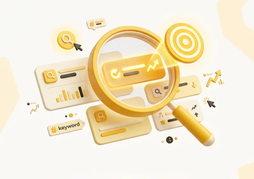 A 3D illustration of a large magnifying glass focusing on a keyword dashboard with upward trending charts and a target icon, representing SEO research by a digital agency bali.