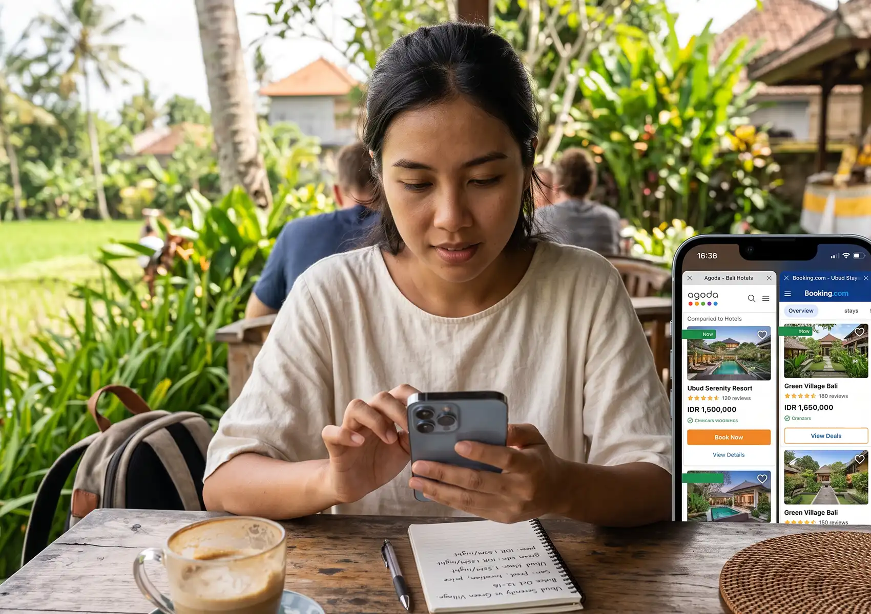 A woman at an outdoor cafe browses her smartphone, alongside an overlaid graphic showing hotel search results on booking platforms that illustrates the importance of SEO for capturing customer leads.