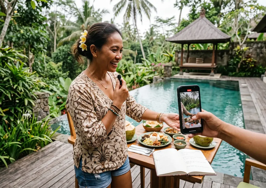 A smiling woman holding a small microphone films a food video with a smartphone next to a lush tropical pool to execute her Instagram marketing strategy.