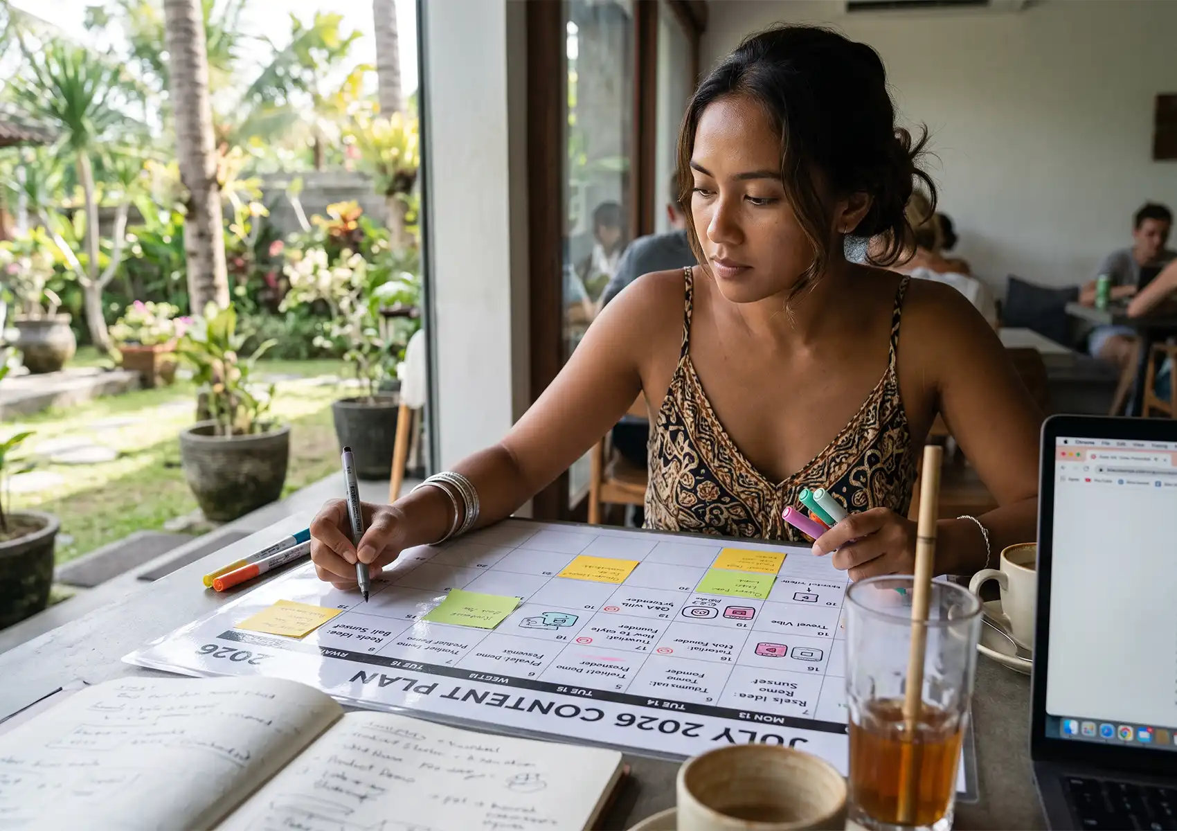 A woman sits at a bright cafe table using sticky notes and markers on a large July 2026 content calendar to plan her Instagram marketing strategy.