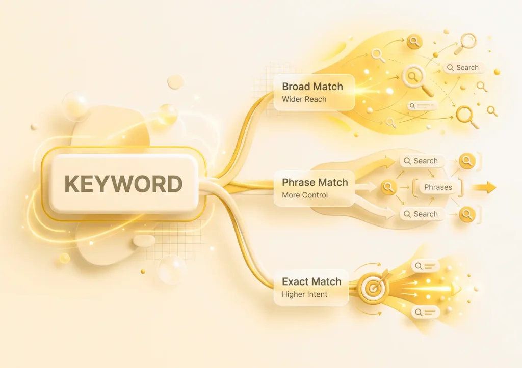 A 3D flowchart branching from a central "KEYWORD" block into Broad Match, Phrase Match, and Exact Match pathways, demonstrating search engine marketing strategies implemented by a digital agency bali.