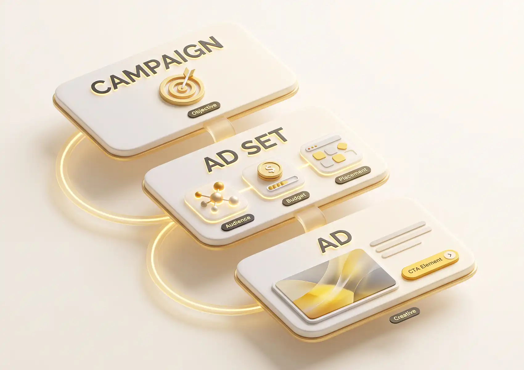 A 3D diagram illustrating the structured hierarchy of a Meta ad campaign—including Campaign Objective, Ad Set, and Ad Creative—demonstrating the advanced campaign features key to understanding boosted posts vs ads.
