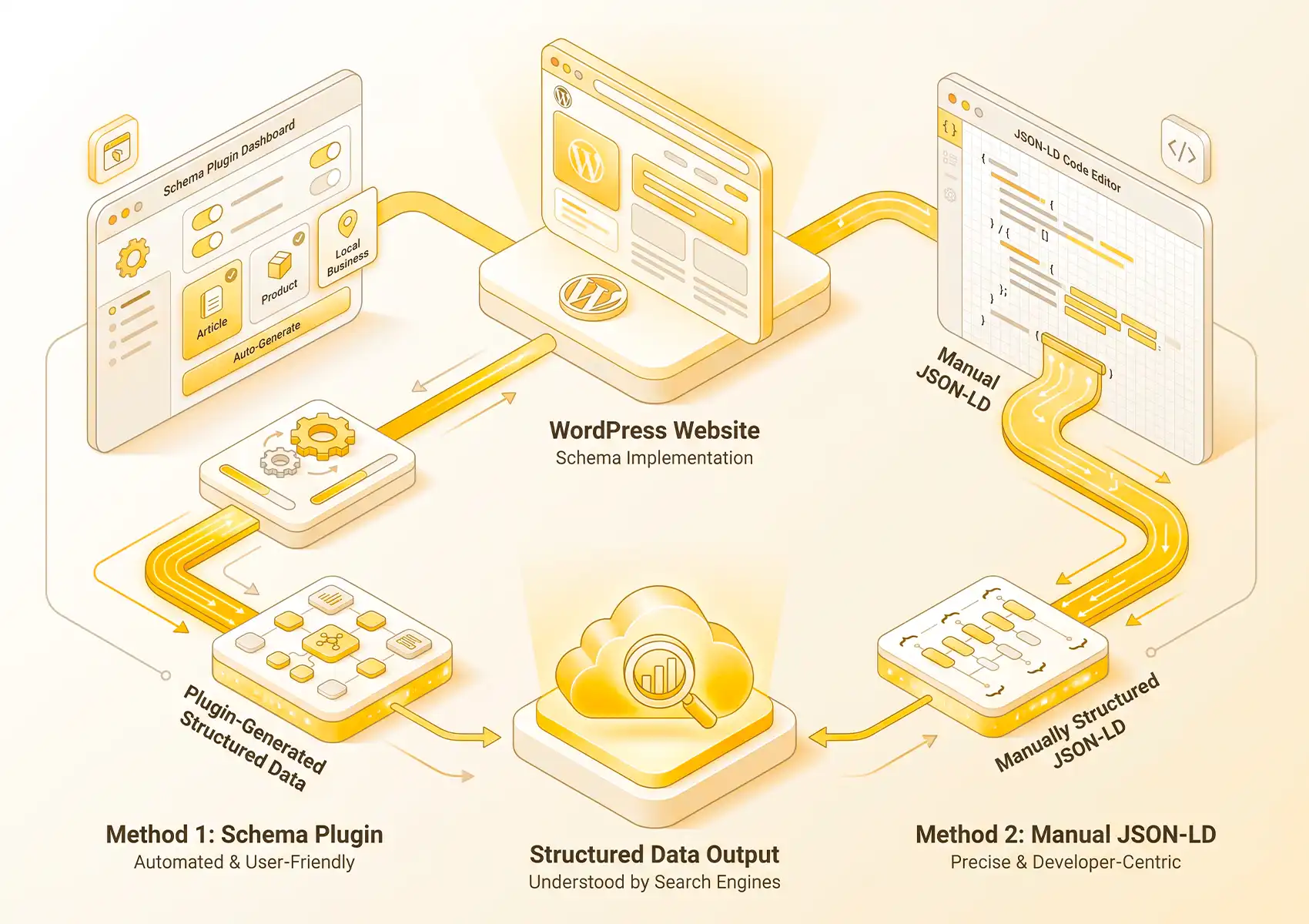 A 3D diagram comparing two methods for adding schema markup to a WordPress website: using a Schema Plugin versus writing Manual JSON-LD code, technical SEO processes utilized by a digital agency bali