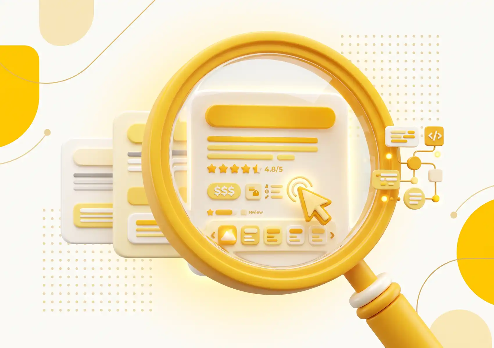 A 3D illustration showing a magnifying glass highlighting a rich snippet search result with star ratings and pricing, demonstrating SEO outcomes targeted by a digital agency bali.
