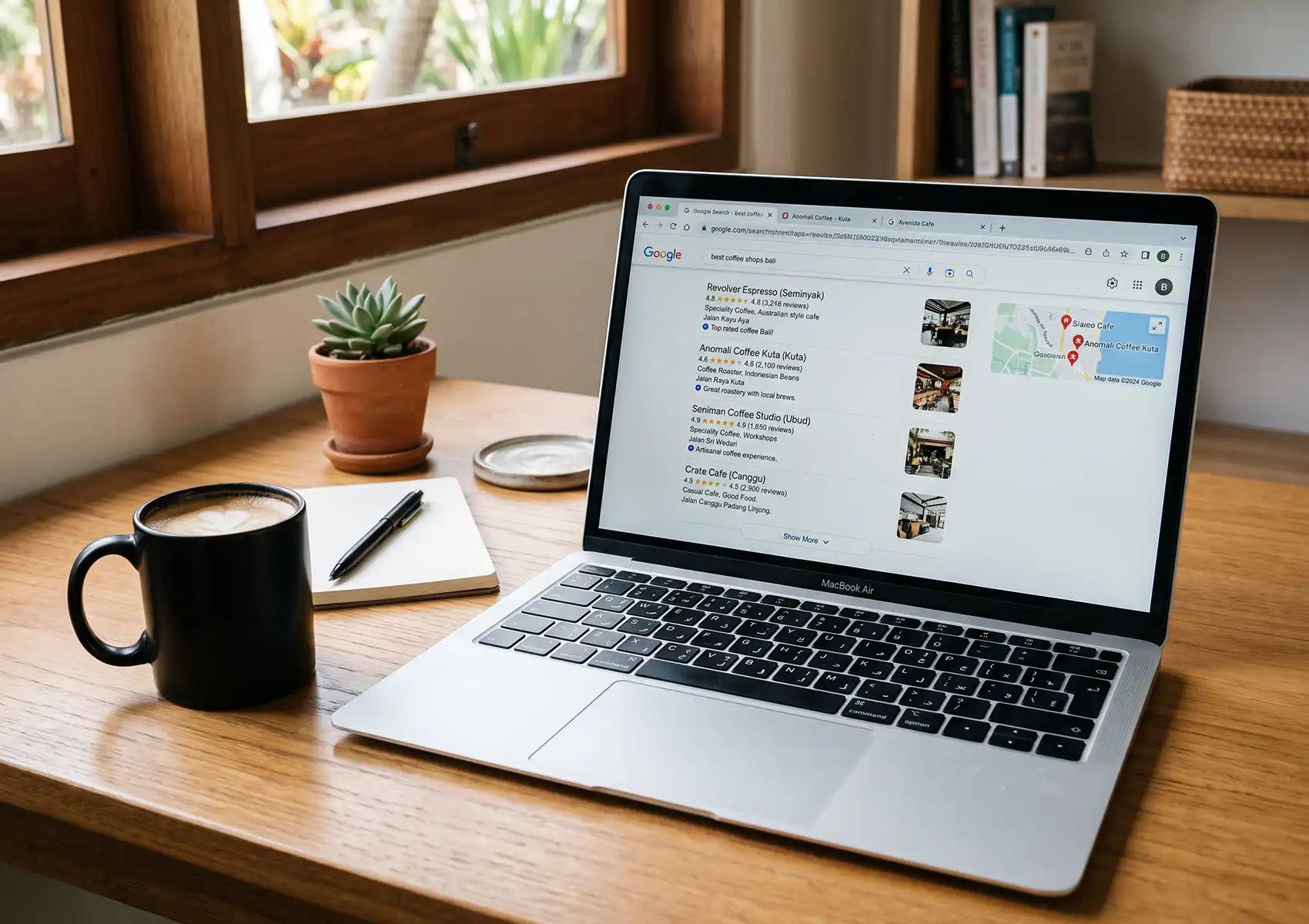 A laptop on a wooden desk showing local Google search results for Bali coffee shops, illustrating keyword ranking concepts for an SEO guide for beginners.