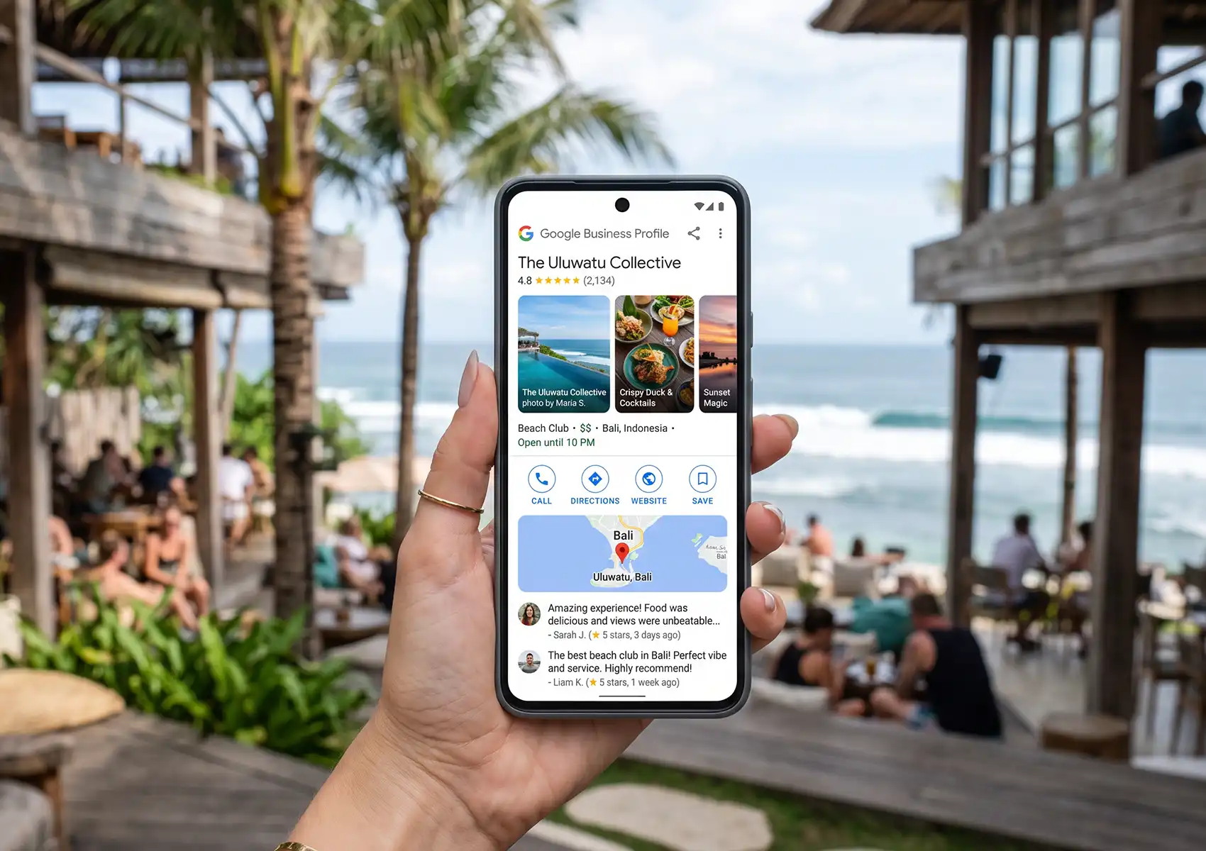 Google Business Profile for a Bali venue on a smartphone screen, illustrating local SEO guide for beginners fundamentals.