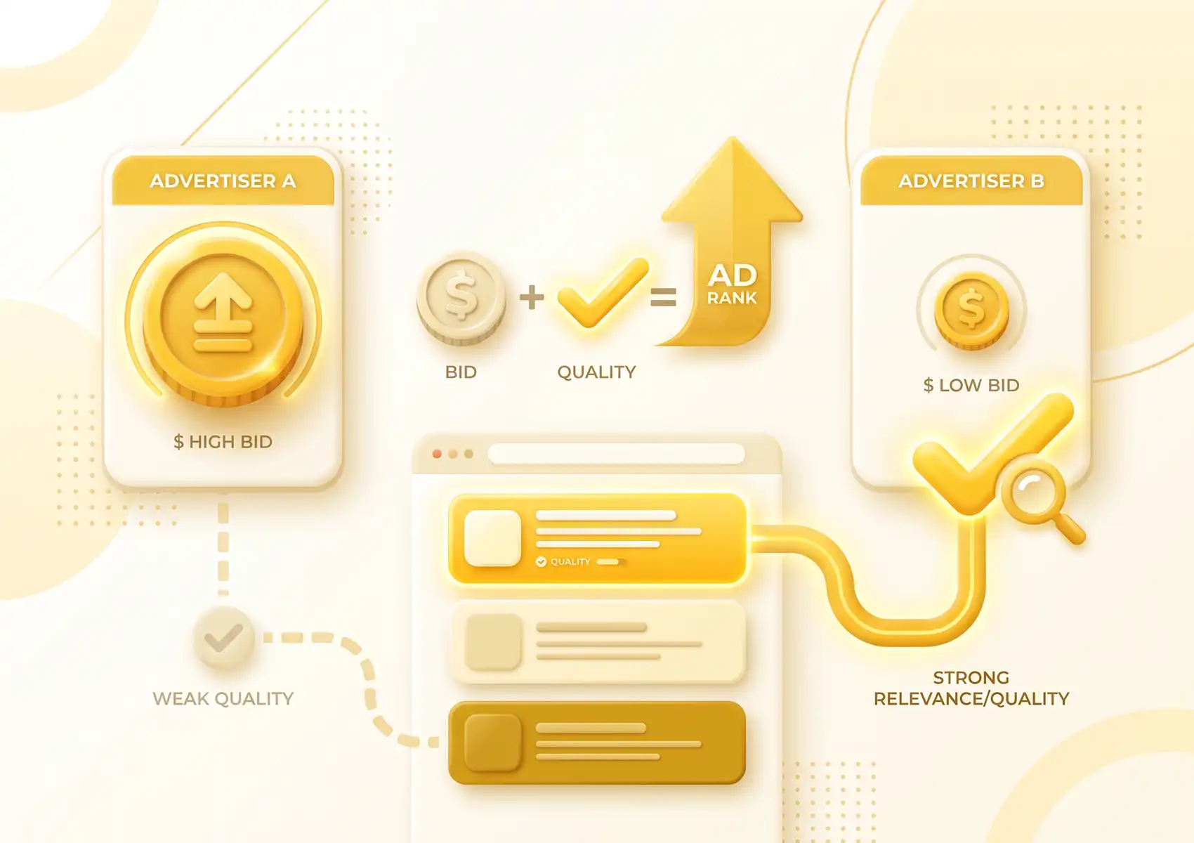 A 3D diagram explaining Ad Rank calculation, illustrating how a lower bid with strong relevance and quality (Advertiser B) can outrank a higher bid with weak quality (Advertiser A), demonstrating campaign optimization by a digital agency bali.