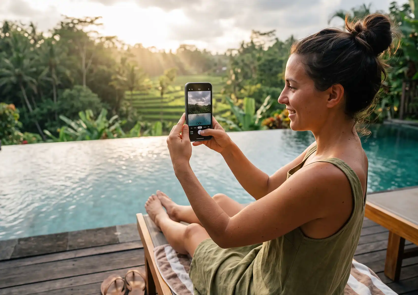 A woman relaxes on a lounge chair by an infinity pool overlooking lush rice terraces, capturing content on her smartphone to utilize social media in marketing for a hospitality brand.