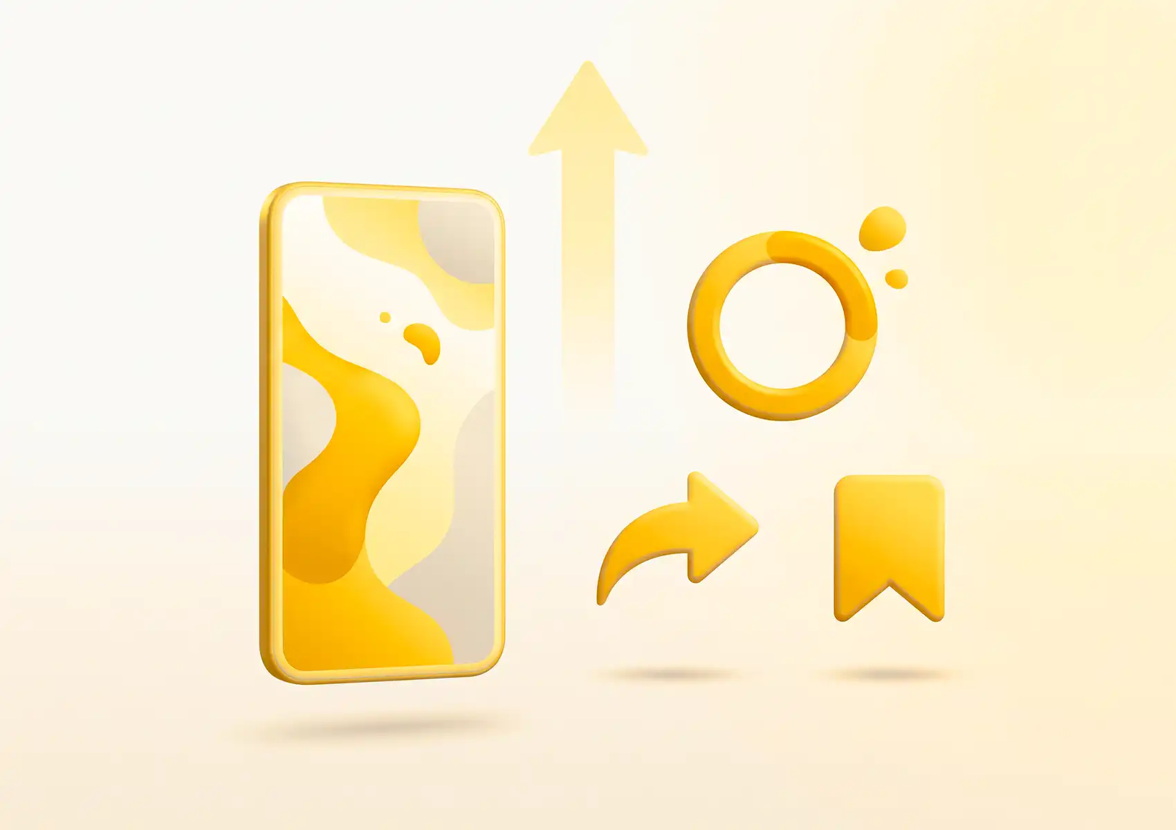 A 3D illustration featuring a smartphone next to yellow social media icons for watch time, shares, and saves, highlighting metrics tracked by a digital agency bali.