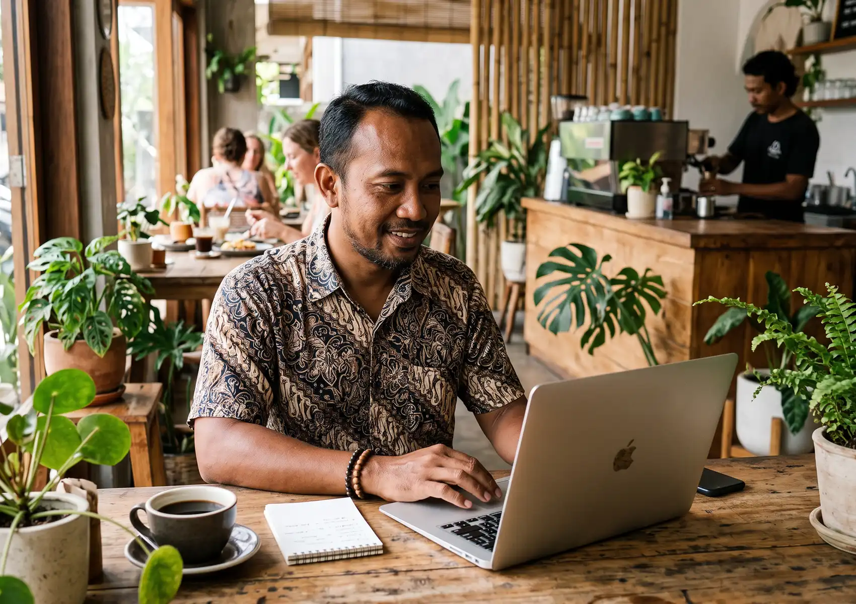 A smiling man in a traditional batik shirt works on a laptop in a lush, plant-filled cafe, researching the importance of SEO for online business growth.