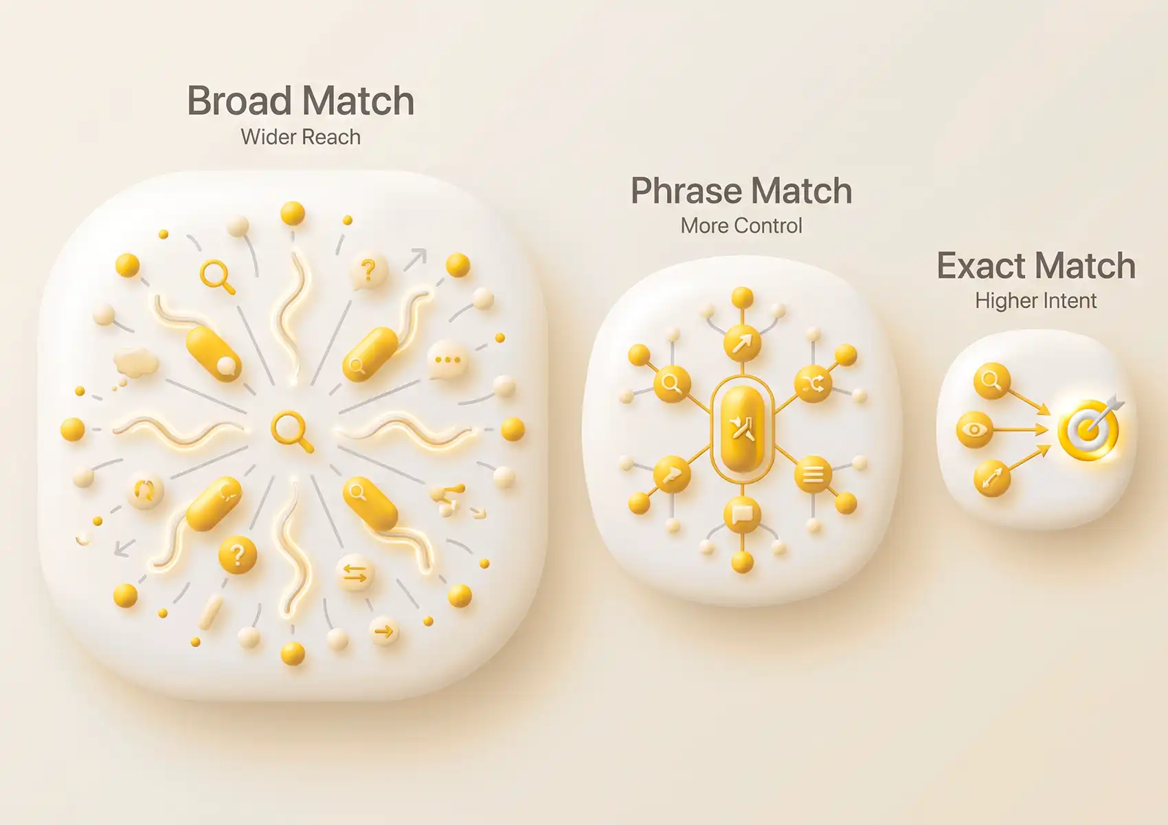 A 3D illustration comparing Broad Match, Phrase Match, and Exact Match keyword targeting, using visual metaphors for reach and intent to explain search marketing concepts utilized by a digital agency bali.