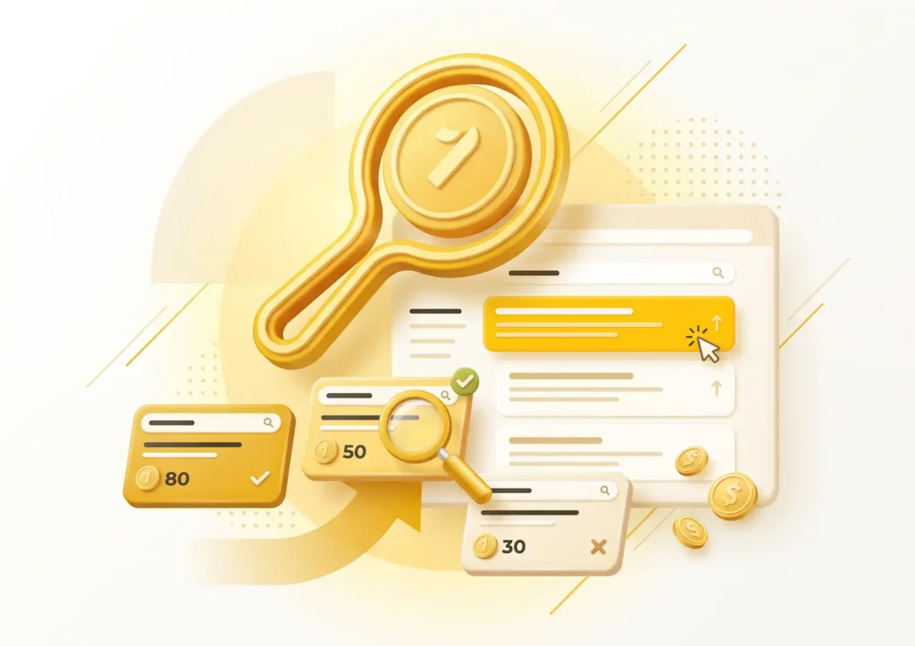 A 3D illustration of an online auction environment, showing a prominent #1 paddle, gold coins, and keyword bid values determining ad placement on a search results page, representing paid search strategies managed by a digital agency bali.